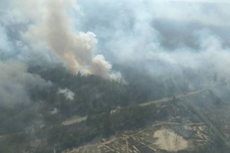 An aerial view of smoke rising from a wildfire burning through forest
